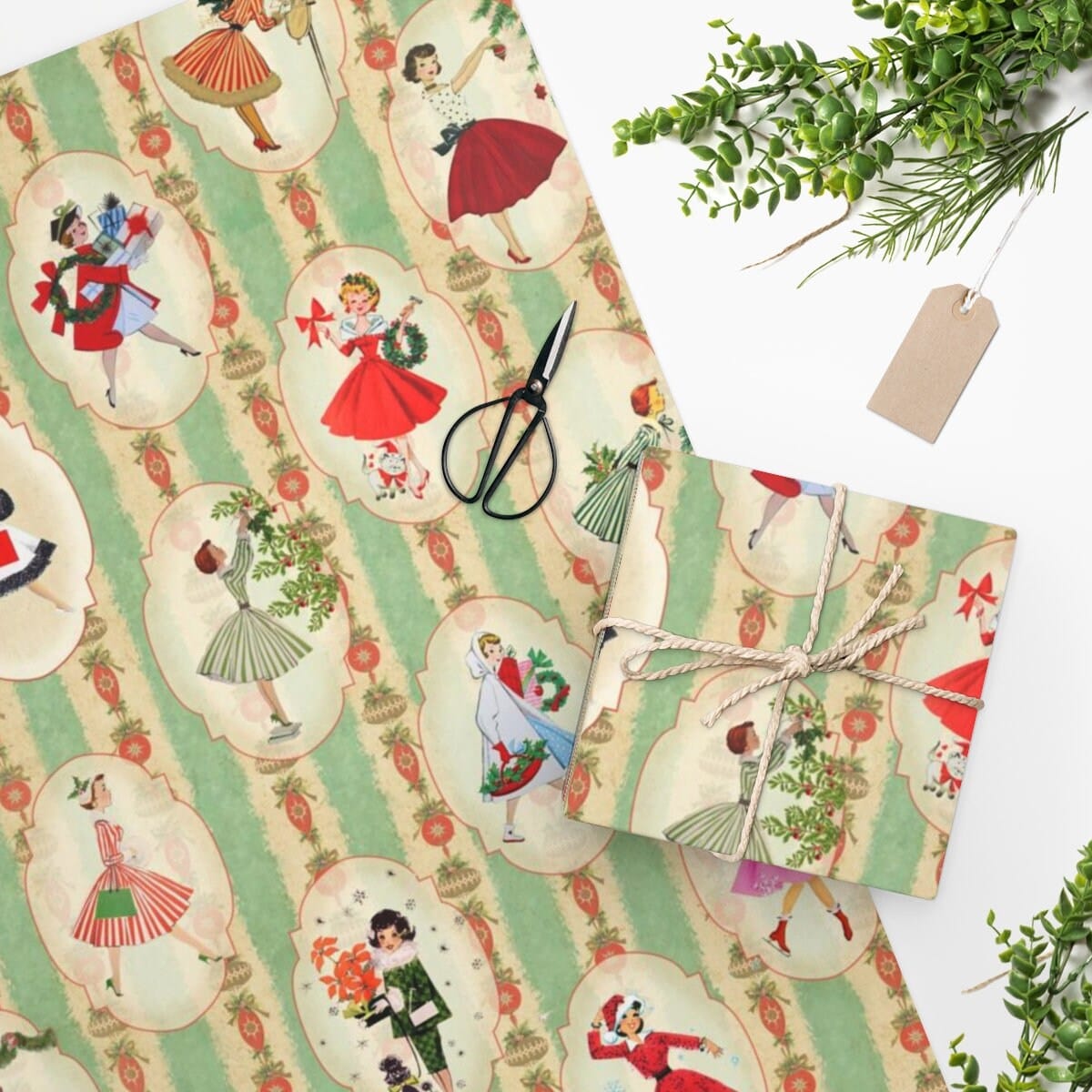 Vintage 1950s Christmas Wrapping Paper, Mid Century Modern Retro